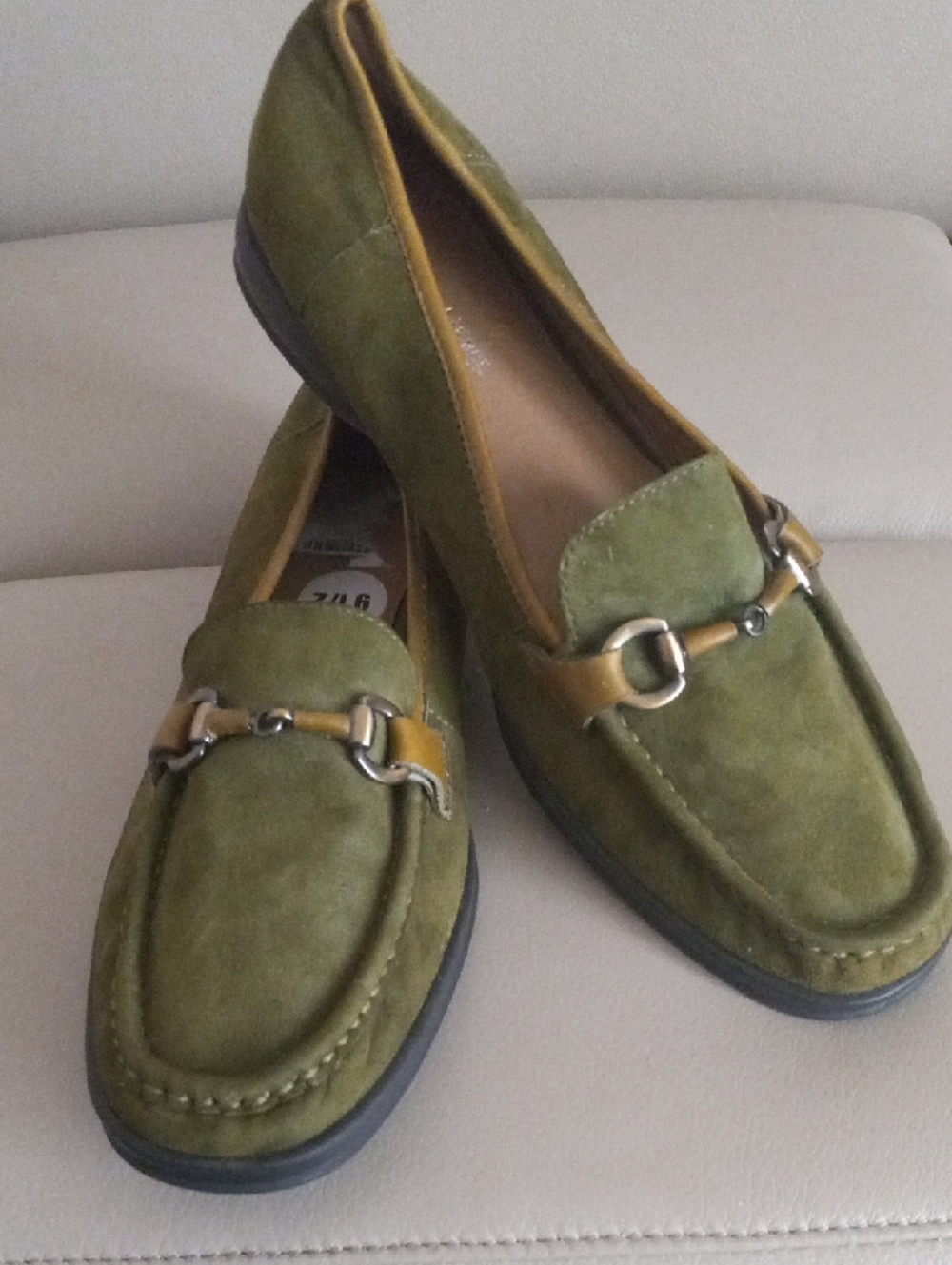 Vintage Etienne Aigner Olive Green Suede Loafers w/ Gold-Tone Bit Sz 9.5 Preppy